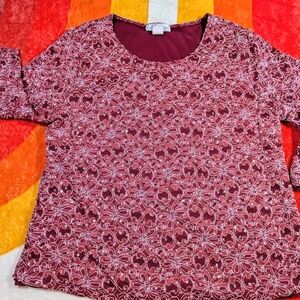 Elegant Maroon Lace Womens Top, 2X Sequins Cruise Formal Shirt Blouse